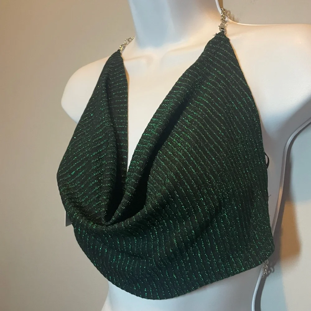 green and black sparkly backless top with silver chain straps - Picture 4 of 7